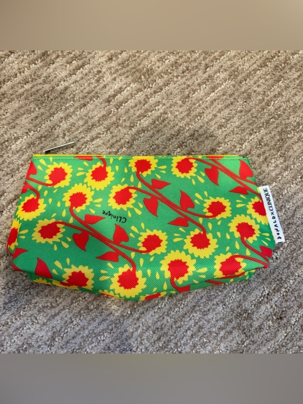Clinique X Donald Yellow, Red, and Green Floral Makeup Bag - 9” X 6”